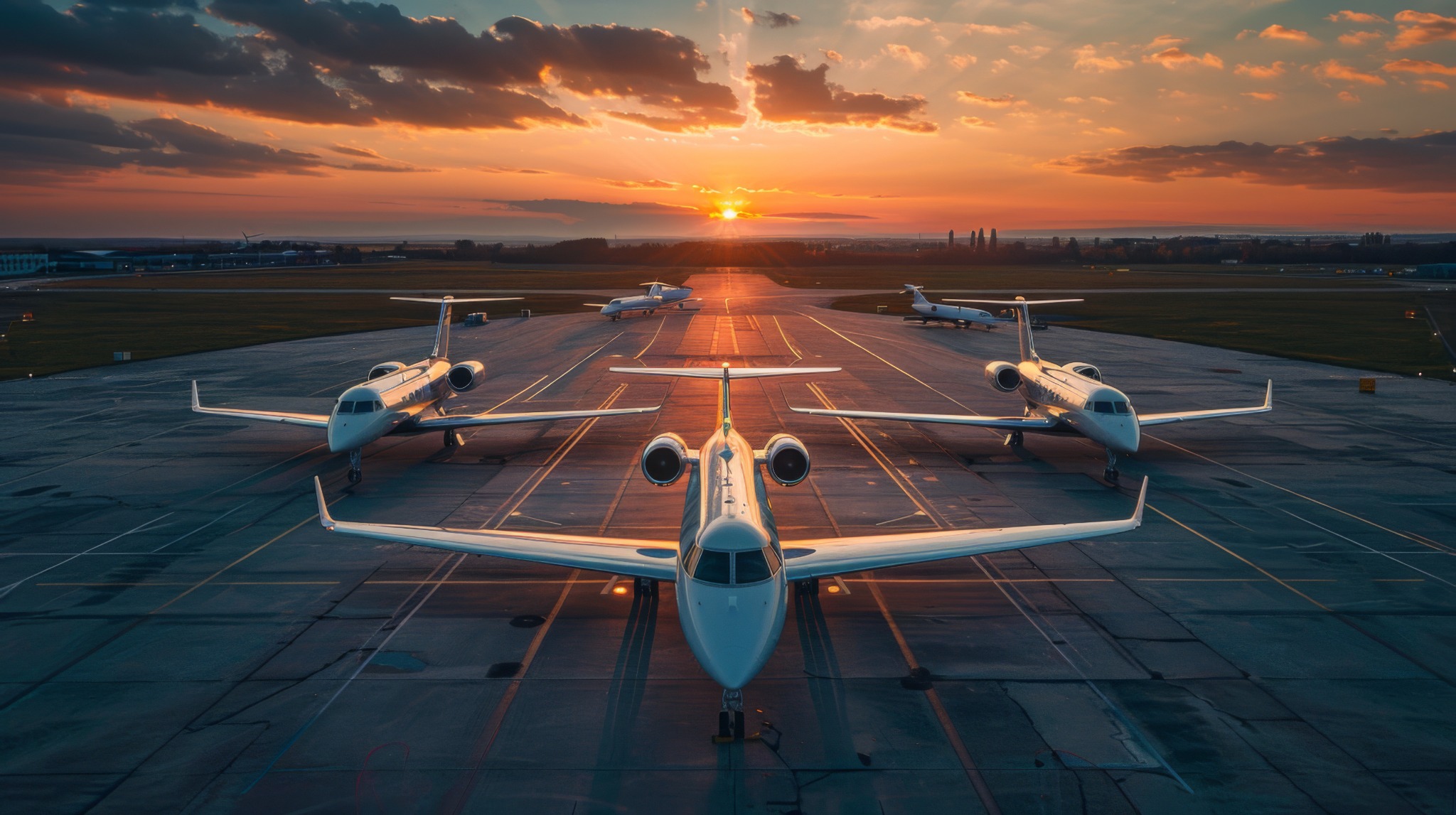 Private jets positioned on the airport apron at sunset