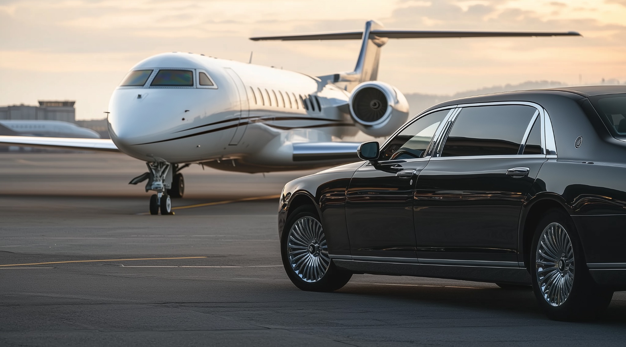 Private jet with executive car on the airport tarmac