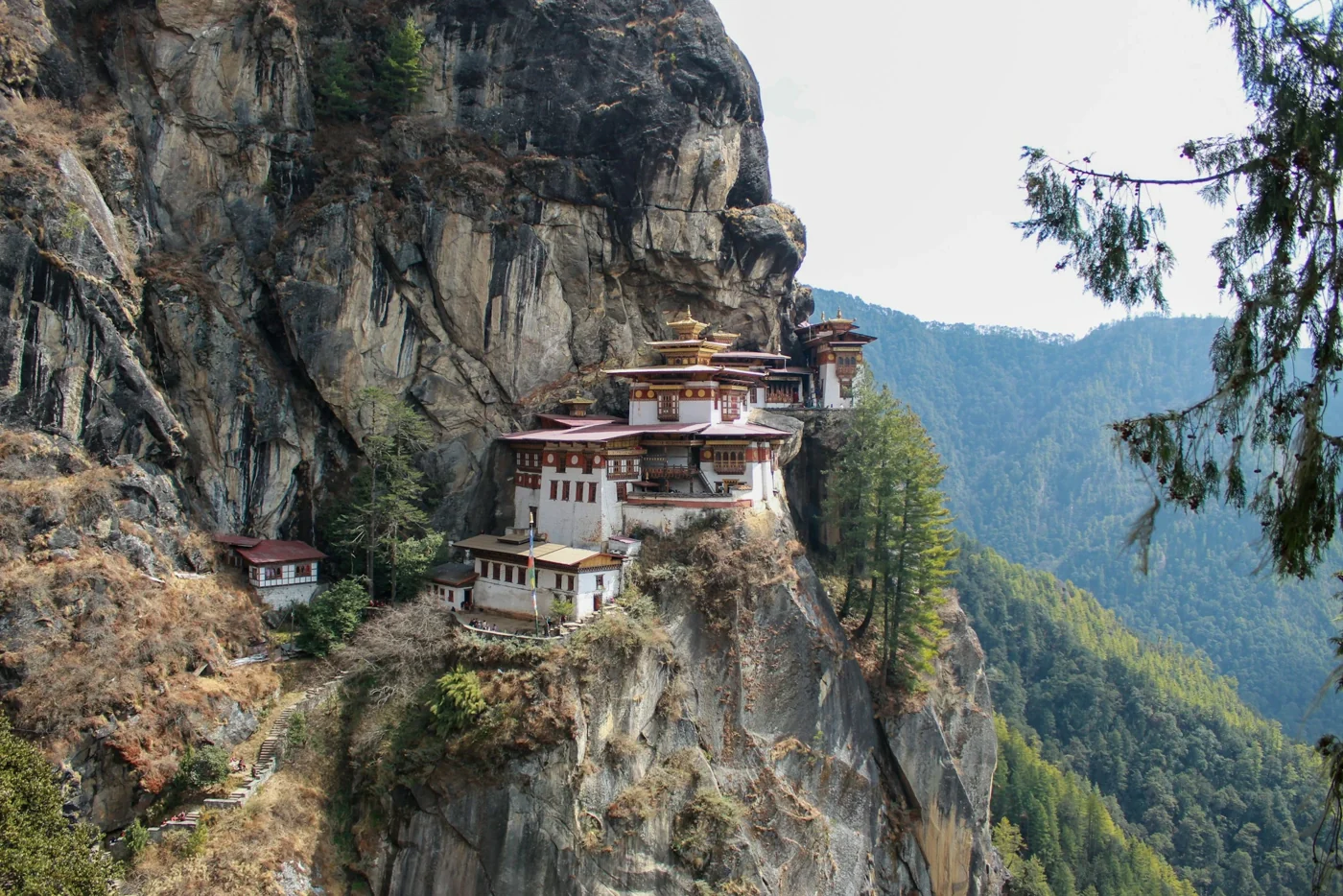 Tiger’s Nest monastery built into a forested cliff in Bhutan