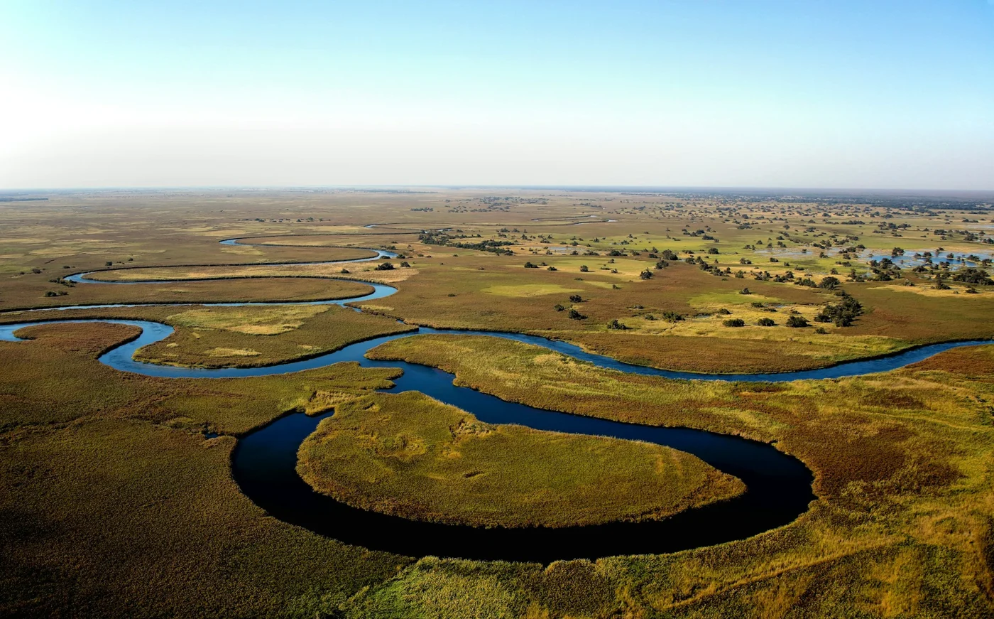 Aerial view of winding Okavango River waterways near Shakawe