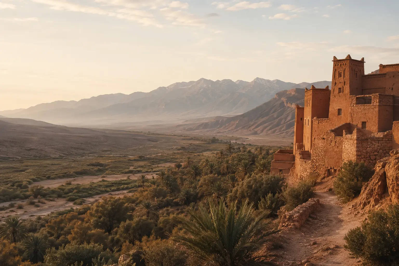 Earthen kasbah and palm valley beneath Morocco's Atlas Mountains