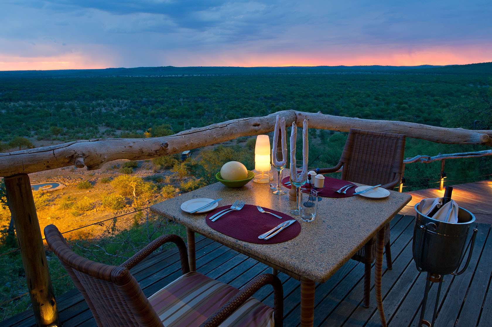 Private sunset dining overlooking the wilderness at Ongava Lodge