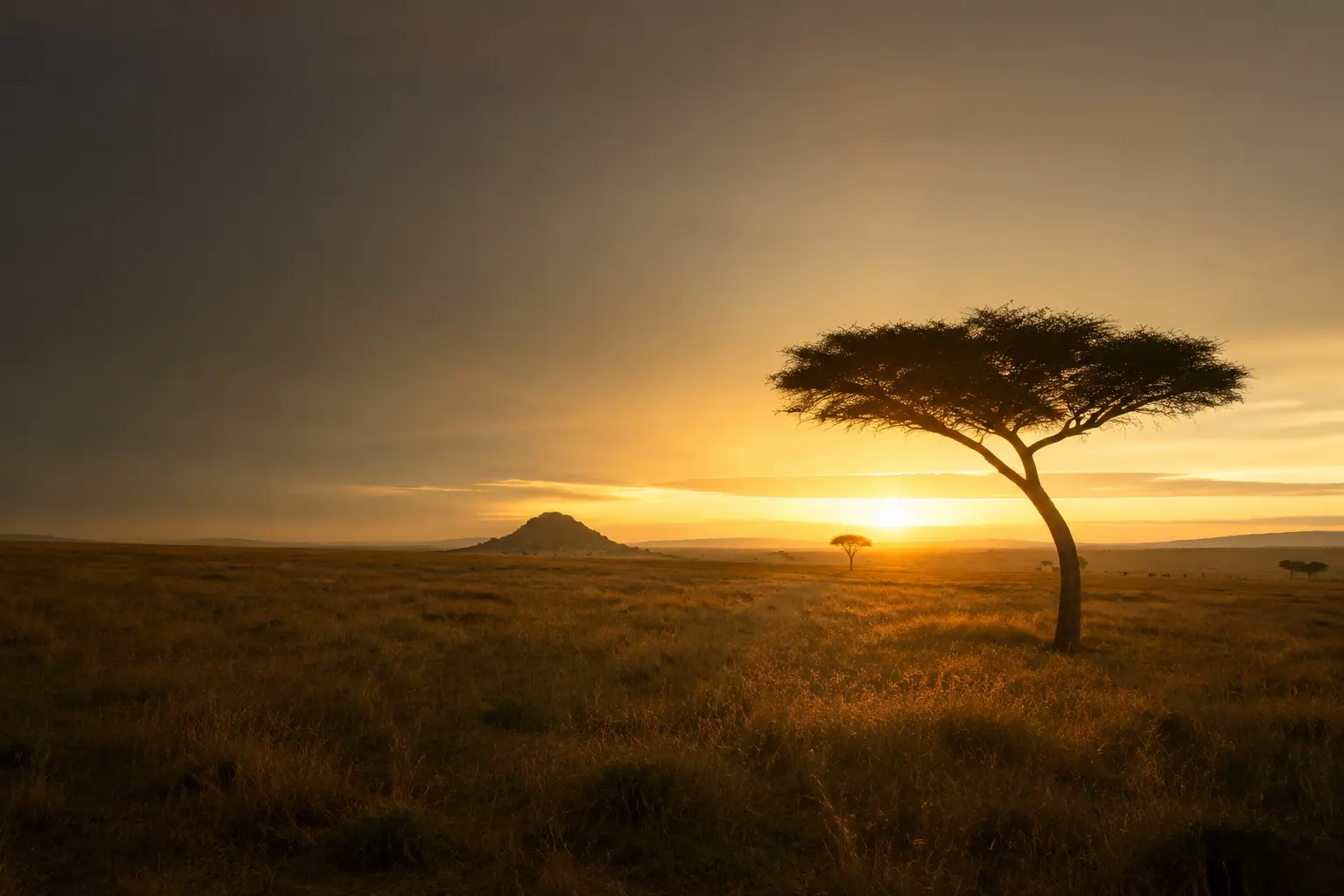 Private safari vehicle overlooking giraffes on the Serengeti plains